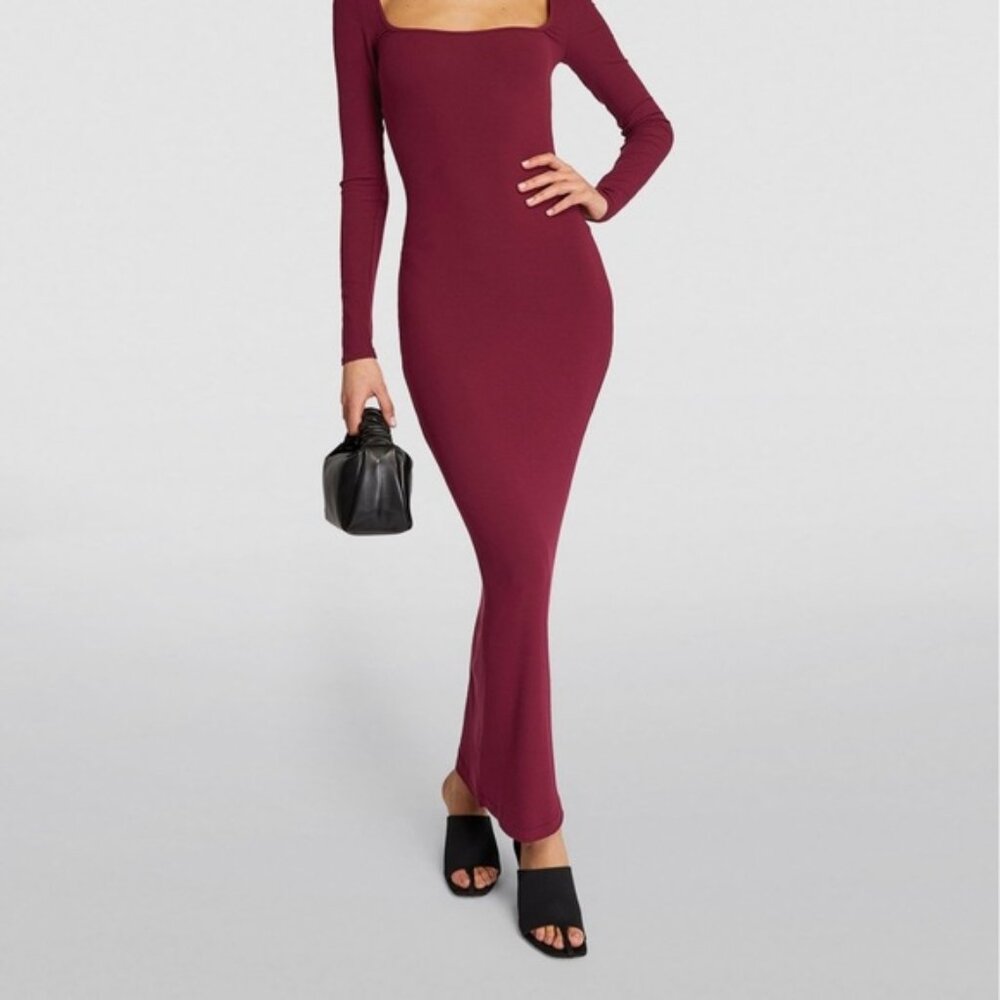 Skims Soft Lounge Long Sleeve Dress Ribbed in Wine Size M